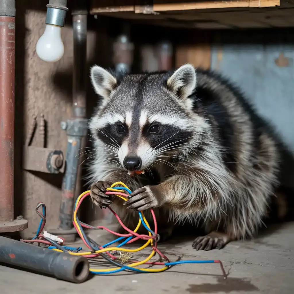 Raccoon chewing on electrical wiring in attic
